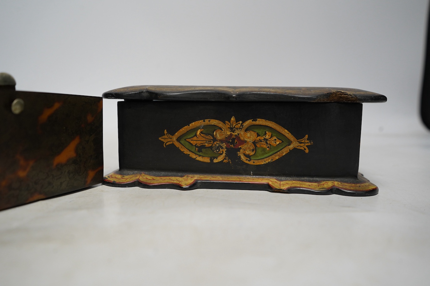 A Victorian silver mounted tortoiseshell playing card box and a similar papier mache box. Condition - poor to fair